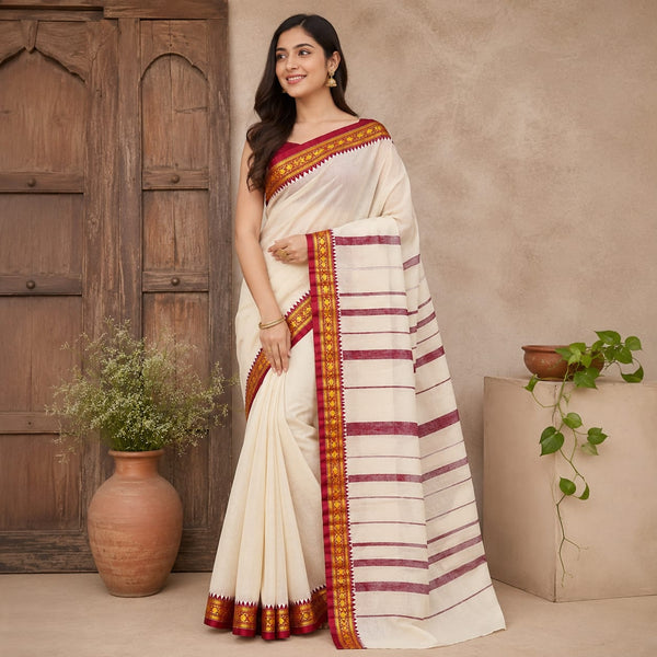 Premium Off-White Maslaish Cotton Saree