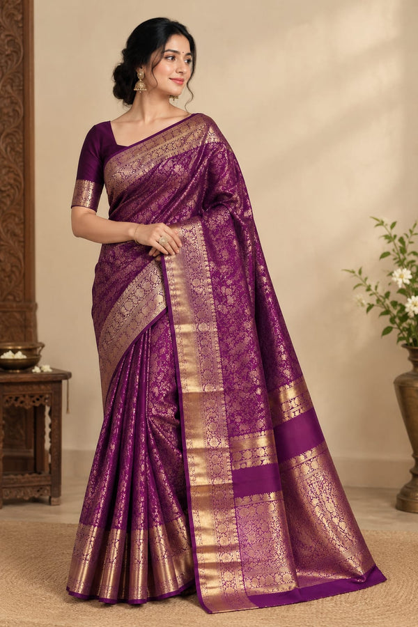 Premium Purple Kanchipuram Silk Saree with Intricate Golden Zari Work