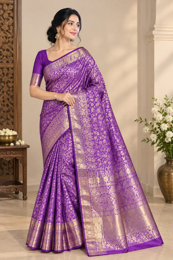 Original Levender Kanchipuram Silk Saree with Intricate Golden Zari Work