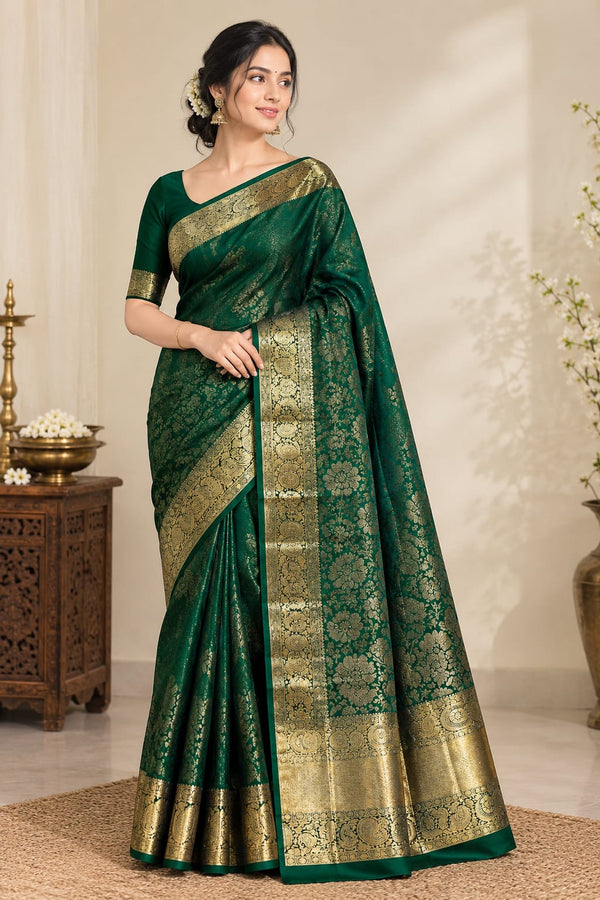 Original Green Kanchipuram Silk Saree with Intricate Golden Zari Work