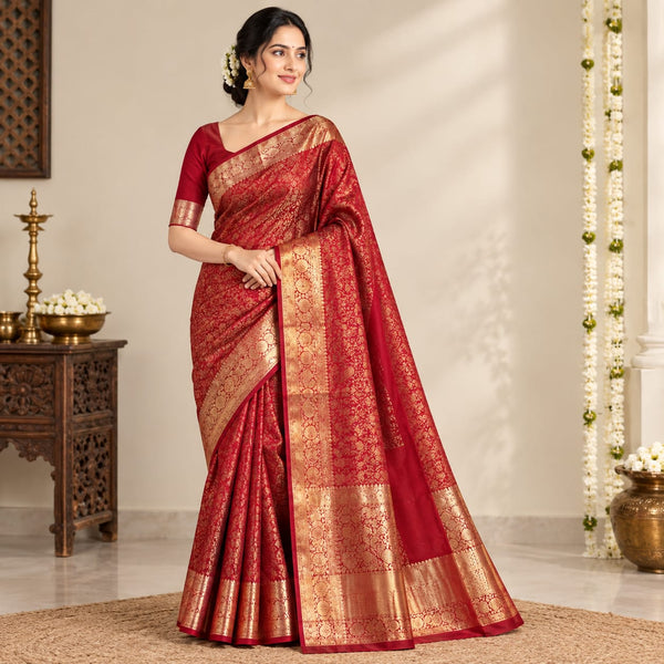 Original Red Kanchipuram Silk Saree with Intricate Golden Zari Work