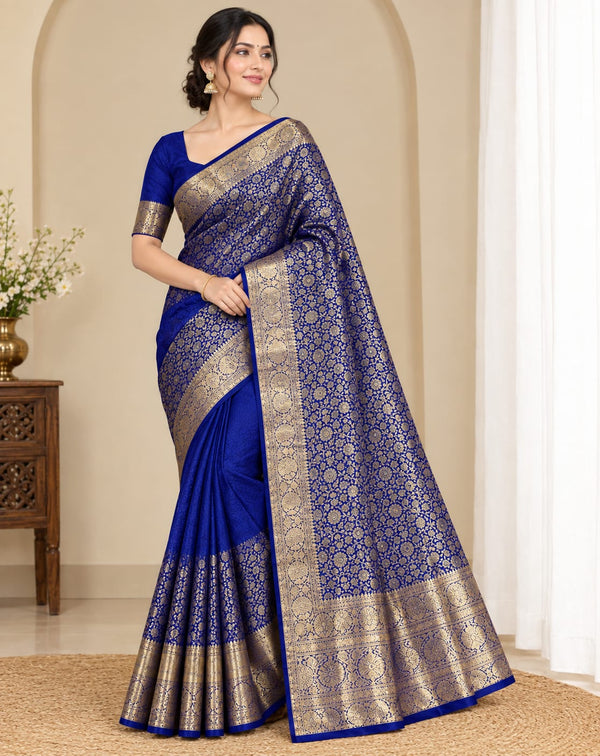 Premium Blue Kanchipuram Silk Saree with Intricate Zari Work